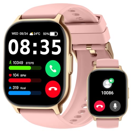 Vtkp Smartwatch für Herren und Damen, 2,1 Zoll HD Smartwatch mit Anruf, Bluetooth, Sport, Schrittzähler, Schlafmonitor, Herzfrequenzmesser, wasserdicht, IP68, für Android/iOS (Rosa) von Vtkp