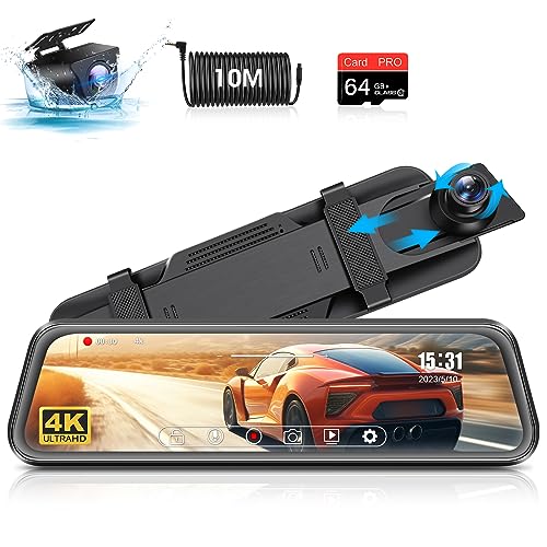 4K Dashcam 10 Zoll Spiegel Dashcam mit Rückfahrkamera 170° Weitwinkel Dashcam Auto Spiegel Vorne Hinten mit 64G SD-Karte Dashcam Rückspiegel mit WDR Nachtsicht GPS Rückfahrhilfe Parküberwachung von Vtopek