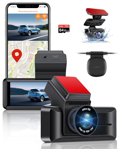 Vtopek 4K Dashcam mit WiFi Dash Cam Auto mit GPS 3,16-Zoll Mini Autokamera mit 64GB-Karte, Dashcam Auto Vorne Hinten mit Nachtsicht, WDR, 170°+140° Weitwinkel, Loop-Aufnahme, G-Sensor, Parkmonitor von Vtopek