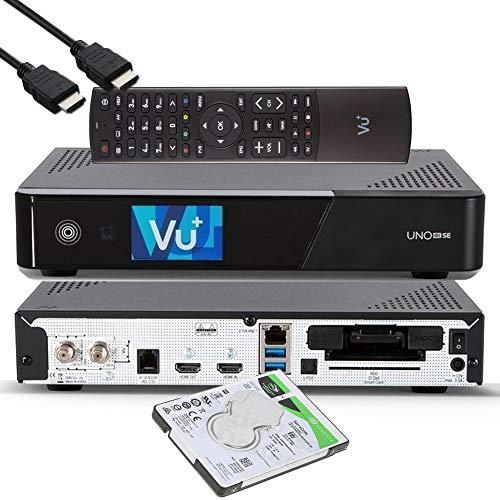 VU+ UNO 4K SE - UHD HDR 1x DVB-S2 FBC Sat Twin Tuner E2 Linux Receiver, YouTube, Satellit Festplattenreceiver, CI + Kartenleser, Media Player, USB 3.0, EasyMouse HDMI-Kabel & 2TB HDD Festplatte von Vu Plus