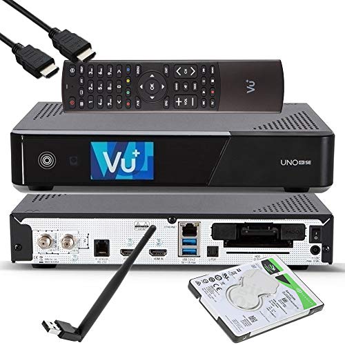 VU+ UNO 4K SE - UHD HDR 1x DVB-S2 FBC Sat Twin Tuner E2 Linux Receiver, YouTube, Satellit Festplattenreceiver, CI + Kartenleser, Media Player, USB 3.0 + EasyMouse HDMI-Kabel, 2TB HDD, 150 Mbit WiFi von Vu+