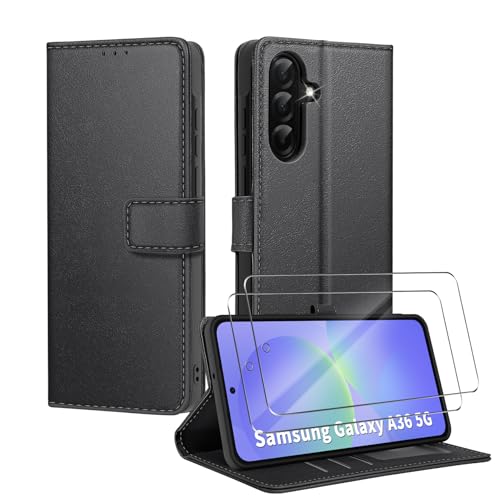 Vuletc Handyhülle für Samsung Galaxy A36 5G Hülle mit 2 Stück Schutzfolie, [RFID-Blockierung] PU Leder Wallet Klapphülle mit Kartenfach, Magnetische und Standfunktion (Schwarz) von Vuletc