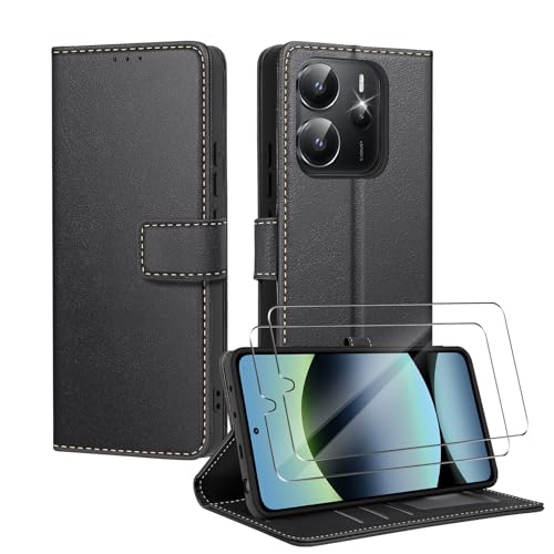 Vuletc Handyhülle für Xiaomi Redmi Note 14 5G Hülle (Nicht für 4G) mit 2 Stück Schutzfolie, [RFID-Blockierung] PU Leder Wallet Klapphülle mit Kartenfach, Magnetische und Standfunktion (Schwarz Braun) von Vuletc