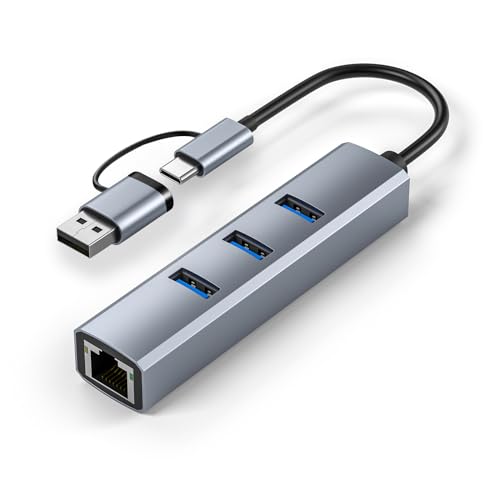 Vunvooker USB A&C zu Ethernet Adapter,USB Hub mit RJ45 1000 Gigabit,3*USB 3.0 Ports, 4-in-1 Aluminium USB zu Netzwerk Adapter Multiport für MacBook Pro, Surface Pro, XPS, etc. von Vunvooker