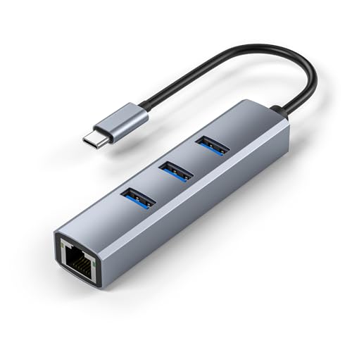 Vunvooker USB C zu Ethernet Adapter,USB Hub mit RJ45 1000 Gigabit,3*USB 3.0 Ports, 4-in-1 Aluminium USB zu Netzwerk Adapter Multiport für MacBook Pro, Surface Pro, XPS, etc. von Vunvooker