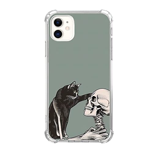 Katze und Totenkopf Hülle kompatibel mit iPhone 12 und iPhone 12 Pro, Hippie Gruselige schwarze Katze und Skelett Hülle für iPhone 12 und iPhone 12 Pro für Teenager Männer und Frauen, coole TPU von Vusbvelnot