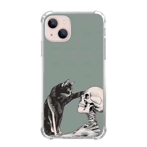 Vusbvelnot Katze und Schädel Hülle Kompatibel mit iPhone 15 Plus, Hippie Gruselige Schwarze Katze und Skelett Hülle für iPhone 15 Plus für Teenager Männer und Frauen, Coole TPU Bumper Handyhülle Cover von Vusbvelnot