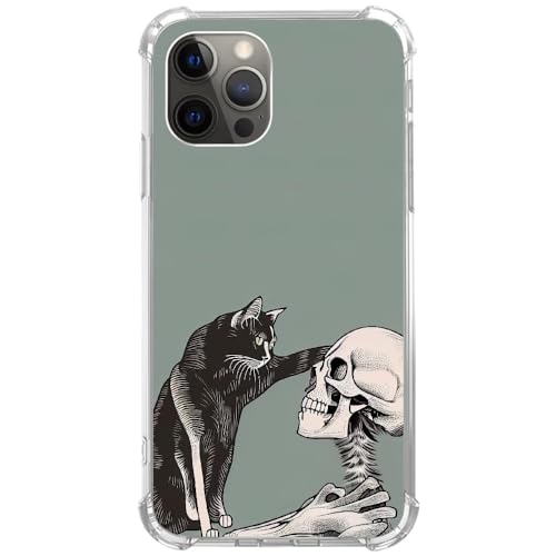 Vusbvelnot Katze und Schädel Hülle Kompatibel mit iPhone 15 Pro, Hippie Gruselige Schwarze Katze und Skelett Hülle für iPhone 15 Pro für Teenager Männer und Frauen, Coole TPU Bumper Handyhülle Cover von Vusbvelnot