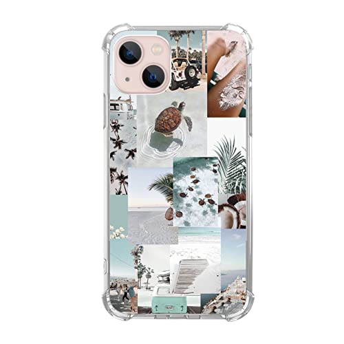 Vusbvelnot Turtle Aesthetic Collage Hülle Kompatibel mit iPhone 13, Pastel Summer Vibe Beach Ocean Hülle für iPhone 13 für Teenager Männer und Frauen, Coole TPU Bumper Handyhülle Cover von Vusbvelnot