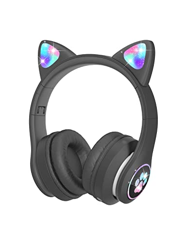 VuyKoo Bluetooth Kinder Kopfhörer mit Mikrofon/Farbige LED-Leuchten, Katzenohren Kopfhörer 85dB Lautstärkebegrenzung, Faltbare HD Stereo Kopfhörer für Kinder Tablet/Schule/iPad/Smartphone (Schwarz) von VuyKoo