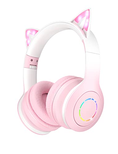 VuyKoo Kinder kopfhörer Bluetooth mit HD Mikrofon, Mädchen Katzenohr Kopfhörer Over-Ear mit LED-licht Faltbare Stereo Kopfhörer Kabellose, Kopfhörer Kinder für Handy/Tablet/PC (rosa) von VuyKoo