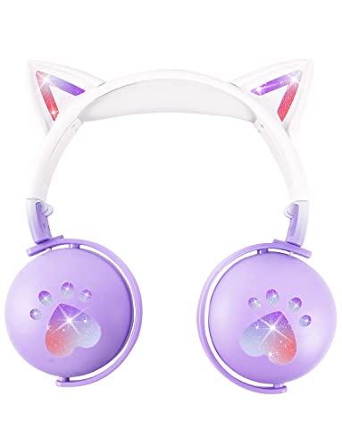 VuyKoo Kopfhörer für Kinder, Katzen Ohren Bluetooth Kopfhörer mit HD Mikrofon, Over Ear Kopfhörer für Geburtstag/Halloween/Weihnachten/Ostern/Verschiedene Feste Geschenk für Mädchen/Jungen (Lila) von VuyKoo