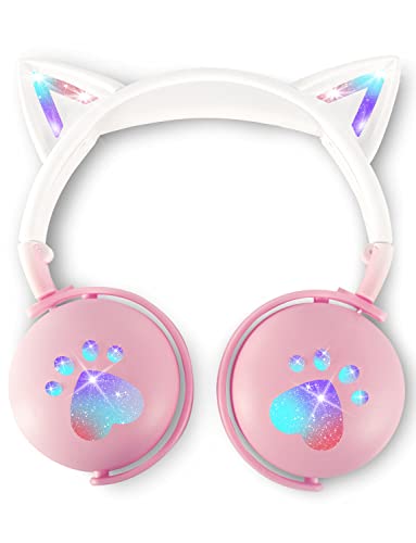 VuyKoo Kopfhörer für Kinder, Katzen Ohren Bluetooth Kopfhörer mit HD Mikrofon, Over Ear Kopfhörer für Geburtstag/Halloween/Weihnachten/Ostern/Verschiedene Feste Geschenk für Mädchen/Jungen (Rosa) von VuyKoo