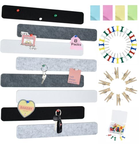 Vuzvuv 8 Stück schwarz-weiß-graue Pinnwand Bar Streifen Korkplatte,Kleine Filz Pinnwand selbstklebend mit Pushpins und Holzclips für Foto von Vuzvuv