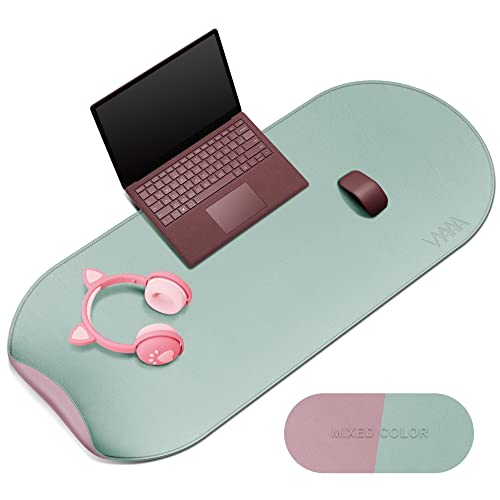 VYAAA Schreibtischunterlage Leder, 100 x 40cm Doppelseitige Tischunterlage，Rutschfest Mauspad, Laptop-Schreibunterlage für Büro und Zuhause (Rosa und Grün) von Vyaaa