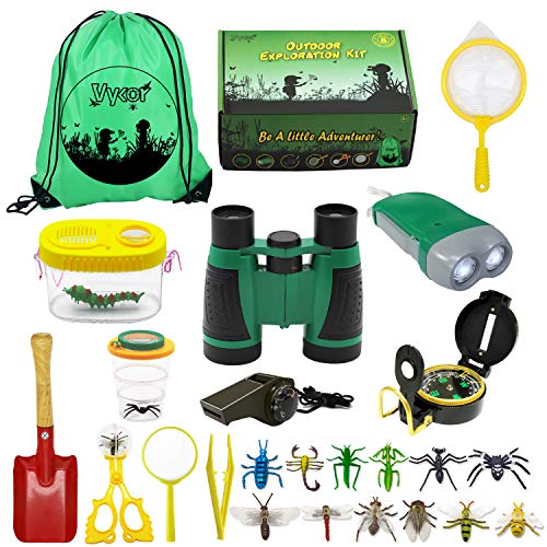 Vykor Draussen Forscherset Spielzeug&Bug Catcher Kit 25 Stück mit Kinder fernglas,Bug Catcher，Schmetterlingsnetz，Schaufel, Taschenlampe，Adventurer Set Geschenke für 3-10 Jahre Junge Spielzeug von Vykor