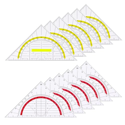 Vyuwast 12 Stück Geometrie Dreieck, Zeichendreieck Winkelmesser 2 Funktionen, Flexibel Geodreieck zum Kreise Zeichnen, 6 Geodreieck mit Griff Gelb und 6 Geodreieck Rot für Schule und Büro von Vyuwast