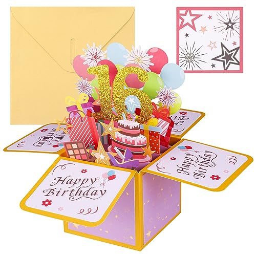 Vyuwast 16. Geburtstagskarte, Pop Up Karte 3D Happy Birthday Karte mit Umschlag für Kinder Frauen Mädchen Geschenk-Karte zum 16. Geburtstag von Vyuwast