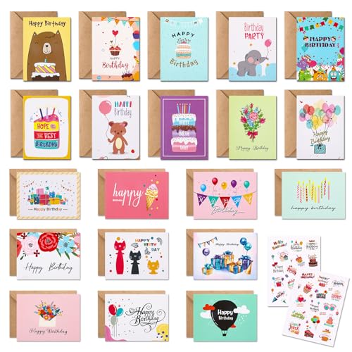 Vyuwast 20 Geburtstagskarten Set mit 20 Umschlag 2 Sticker, Happy Birthday Geburtstagskarte Grusskarte zum Geburtstag Geburtstagskarten in Premium Qualität für Kinder Familie Freunde（15x10cm） von Vyuwast