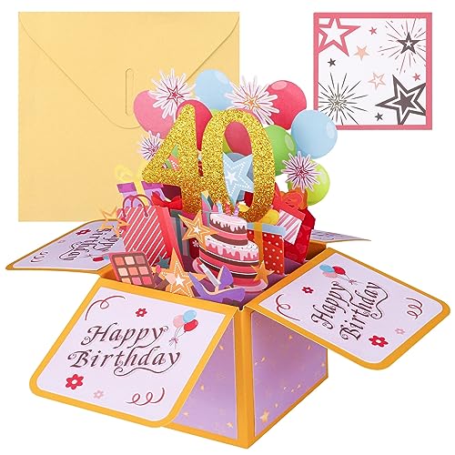 Vyuwast 40. Geburtstagskarte, Pop Up Karte 3D Happy Birthday Karte mit Umschlag für Kinder Frauen Mädchen Geschenk-Karte zum 40. Geburtstag von Vyuwast