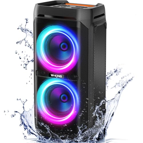 W-KING 220W Peak 100W RMS Bluetooth Lautsprecher Groß V5.3, IPX6 Musikbox Bluetooth Box Wasserdichter Party Soundbox Deep Bass/110dB Huge Sound/DSP/DJ Licht/Echo/Mikrofon und Gitarrensteckplatz, 24H von W-KING