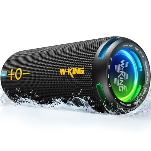 W-KING Bluetooth Lautsprecher Box, IP67 Musikbox Outdoor Tragbarer, Angepasster EQ-App/Diefer Bass, 360° Sound mit V5.3/Lichter/DSP/TF/AUX, 40W Party Dusch Klein Boom Box von W-KING