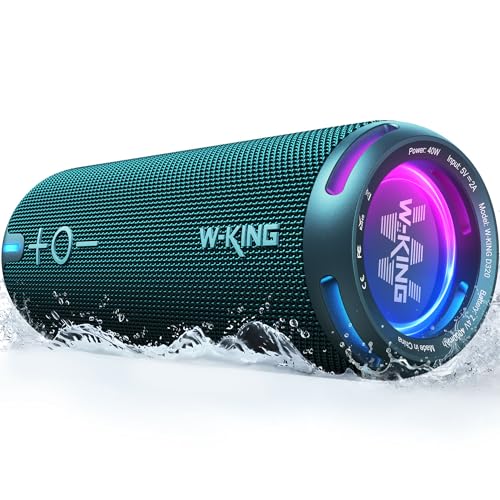 W-KING Bluetooth Lautsprecher Box, IPX7 Musikbox Lautsprecher Boxen Bluetooth Outdoor Tragbarer, Angepasster EQ-App/Diefer Bass, 360° Sound mit V5.3/Lichter/DSP/TF/AUX, 40W Party Dusch Klein Boom Box von W-KING