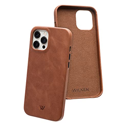Wilken Schutzhülle aus Leder, kompatibel mit iPhone 12/12 Pro, kompatibel mit MagSafe und kabellosem Laden, genarbtes Leder, benutzerdefinierte Metalltastensteuerungen (12/12 Pro, Braun) von W WILKEN