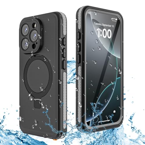 W7ETBEN Wasserdichtes Hülle für iPhone 16 Pro,[IP68 Wasserdicht][Eingebauter Ring Unsichtbarer Ständer & Bildschirmschutz][Staubdicht] Stoßfeste Schutzhülle für iPhone 16 Pro 6.3"-Schwarz&Grau von W7ETBEN