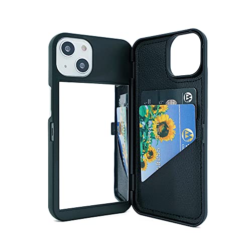 W7ETBEN iPhone 14 Hülle, iPhone 13 Hülle mit Kickstand eingebauten Spiegel Stoßfeste Kartenhalter Abdeckung für Apple iPhone 14 (2022) 6.1" /iPhone 13 (2021) 6.1 Zoll (Schwarz) von W7ETBEN