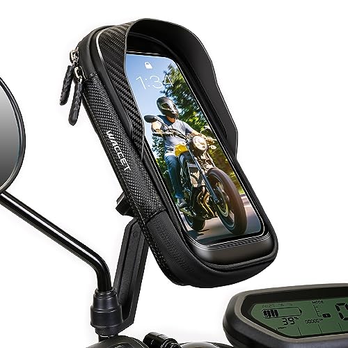 WACCET Handyhalterung Motorrad Wasserdicht, Motor Halterung 360° Drehbarer Handyhalter für Motorrad Spiegel mit Sonnenblende Touch ID Roller Handyhalterung für Smartphone is zu 7,2" (Schwarz) von WACCET