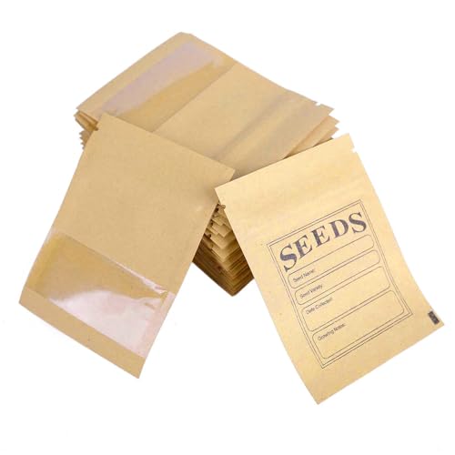 WACCOMT Pack 100 Stück Kleine Braune Wiederverschließbare Kraftpapier Samen Pakete mit Klarem Fenster Münze Umschläge Taschen Reißverschluss für Saatgut Blume Lagerung 7x9.5cm(2.7x3.7inch) von WACCOMT Pack