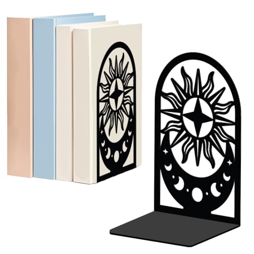 WADORN Mond Sonne Buchstützen Für Regale Dekorativ 1 Paar, Mondphasen Rutschfeste Robuste Buchstützen Buchhalter Aus Metall Schwarzer L Förmiger Buchstopper Für Bibliothek Home Office Schreibtisch von WADORN