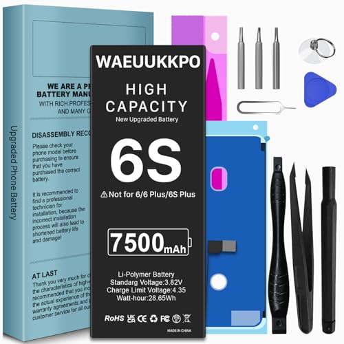 7500mAh Akku für iPhone 6S, Upgraded WAEUUKKPO Hohe Kapazität 0 Zyklus Akku Ersatz für 6S A1633 A1688 A1700 mit Full Replacement Tool Kit 7500mAh Akku für iPhone 6S, Upgraded WAEUUKKPO Hohe Kapazität 0 Zyklus Akku Ersatz für 6S A1633 A1688 A1700 mit Full Replacement Tool Kit von WAEUUKKPO