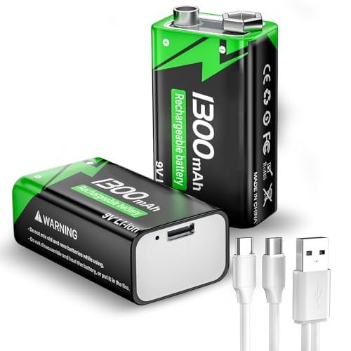 9V Wiederaufladbare Akku, 1300mAh Lithium-ionen Block Batterien mit USB-C-Schnellladekabel ideal für Rauchmelder, Feuermelder, Alarme, Mikrofon, Multimeter usw (2 Stück) von WAEUUKKPO