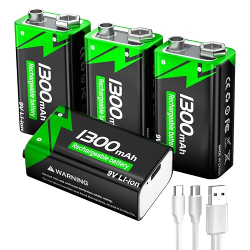 9V Wiederaufladbare Akku, 1300mAh Lithium-ionen Block Batterien mit USB-C-Schnellladekabel ideal für Rauchmelder, Feuermelder, Alarme, Mikrofon, Multimeter usw-4 Stück von WAEUUKKPO