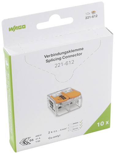 WAGO 221-612 221 Verbindungsklemme flexibel: 0.5-6mm² starr: 0.5-6mm² Polzahl (num): 2 10 St. Tran von WAGO