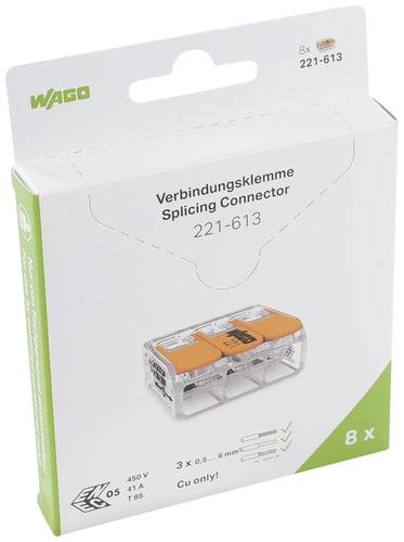 WAGO 221-613 221 Verbindungsklemme flexibel: 0.5-6mm² starr: 0.5-6mm² Polzahl (num): 3 8 St. Trans von WAGO