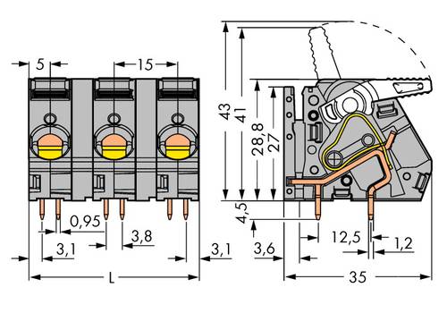 WAGO 2716-253 Federkraftklemmblock 6.00mm² Polzahl (num) 3 Grau 24St. von WAGO