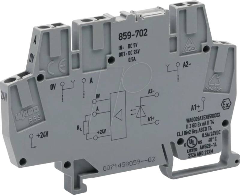 WAGO 859-702 - Optokopplermodul, E: DC 5 V, A: DC 0 … 24 V, 0,5 A, grau von WAGO