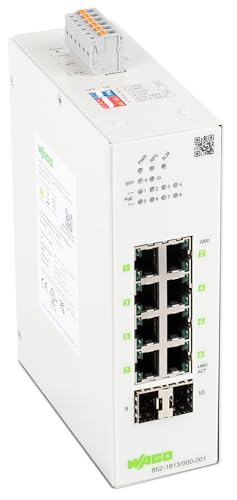 WAGO Industrial-Switch 852-1813/000-001| mit 8 ETHERNET‐Ports 10/100/1000 MBit/s Autonegotiation und Diagnose‐LEDs auf der Vorderseite|2 x SFP-Slots für Glasfaser|unterstützt Power over Ethernet PoE+ von WAGO