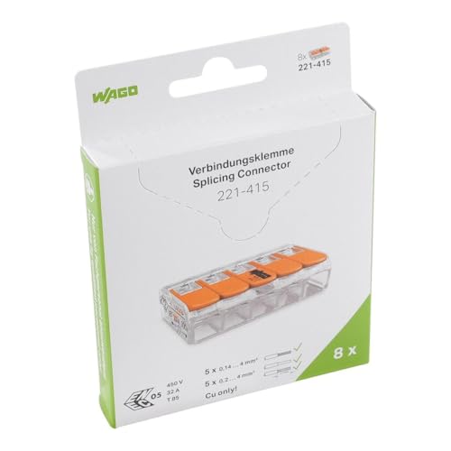 WAGO Verbindungsklemmen 221-415 | 5-polig, bis 4 mm², COMPACT Kabelverbinder mit Hebel für alle Leiterarten weltweit, bestätigte Anwendungssicherheit, 8 Stück WAGO Verbindungsklemmen 221-415 | 5-polig, bis 4 mm², COMPACT Kabelverbinder mit Hebel für alle Leiterarten weltweit, bestätigte Anwendungssicherheit, 8 Stück von WAGO