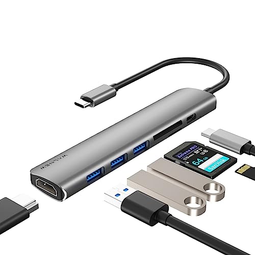 WALNEW USB-C-Hub, MacBook Pro USB-C-Adapter, 7-in-1-Typ-C-Hub mit 4K USB-C auf HDMI, 3 USB 3.0-Anschlüssen, SD/TF-Kartenleser, 100 W PD-Dock für iPad Pro/ MacBook Pro/Air (Thunderbolt 3)/ Typ-C-Geräte von WALNEW