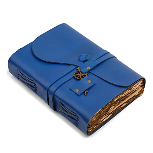 Blaues Vintage Leder Tagebuch – 15x23 cm – Antikes Handgefertigtes Leder Gebundenes Tagebuch mit Altmodischem Büttenrand Papier – Perfekt zum Schreiben, Tagebuch der Schatten, Grimoire, Skizzieren von WANDERINGS