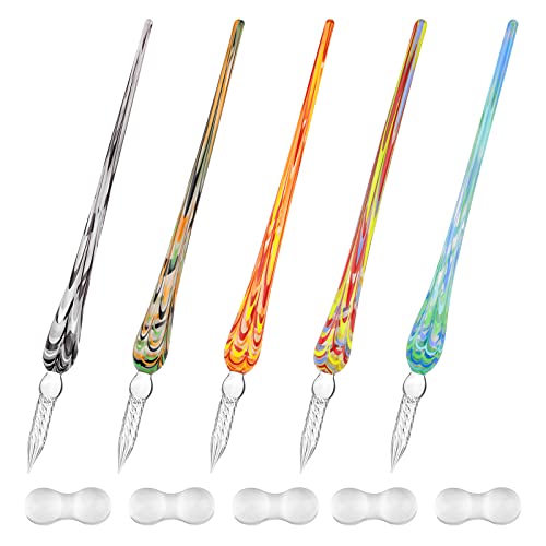 WANDIC 5 Pcs Handmade Buntglas Dip Stift Set mit Ständer und farbigen Kristall Blumen Stift Set für Kunst, Signieren, Schreiben, Zeichnen, Schreiben von WANDIC