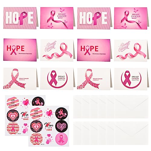 WANDIC Brustkrebs-Bewusstseins-Set, 12 x rosa Schleifenkarten mit Umschlag und 18 x krebsfreie, runde selbstklebende Aufkleber für DIY-Party, Wohltätigkeitsorganisation, Hoffnung, Event von WANDIC