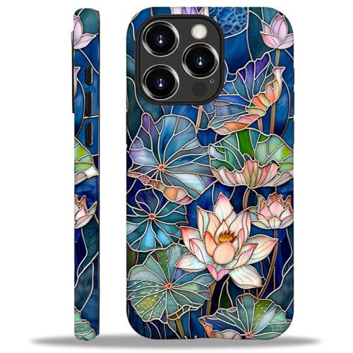 WANKBLC Glänzende Schutzhülle für iPhone 16 Pro Max, für Mädchen, Jungen, Ganzkörper-Design, weiches Silikon, Fallschutz, Kratzschutz, modisches Muster, Buntglas, Lotusblumen, Blätter von WANKBLC