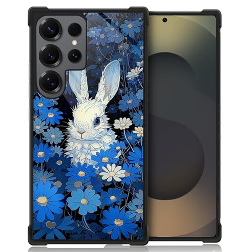 WANKBLC Schutzhülle für Samsung Galaxy S25 Ultra, stoßfest, Schutz für Männer und Frauen, rutschfest, für Samsung Galaxy S25 Ultra, weißes Kaninchen, versteckt blaue Blumen, verrücktes Muster von WANKBLC