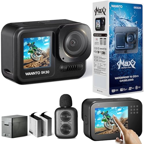 WANNTO Action Cam Motion Max 5K 30MP,IPX8 Unterwasserkamera 20M Wasserdicht ohne Gehäuse WiFi EIS Dual-Screen, mit 2in1 kabellosem Mikrofon Fernbedienung (Motion Max) von WANNTO