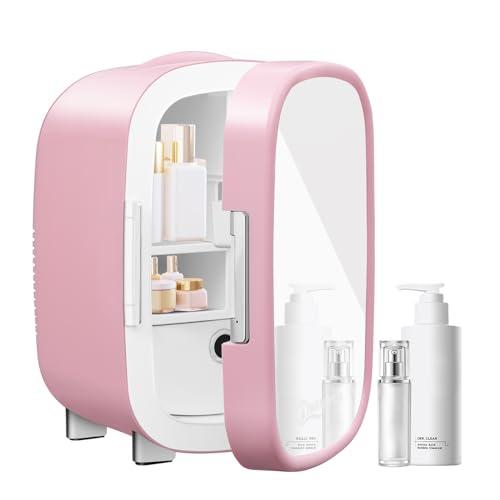 WANNYTON Mini Kühlschrank 7 L, Kosmetik Kühlbox mit Spiegel, Autokühlschrank tragbar, kleine Autokühlbox 220-240 V/12 V, kühl und heiß, für Zimmer Auto Büro Schlafzimmer, Rosa von WANNYTON
